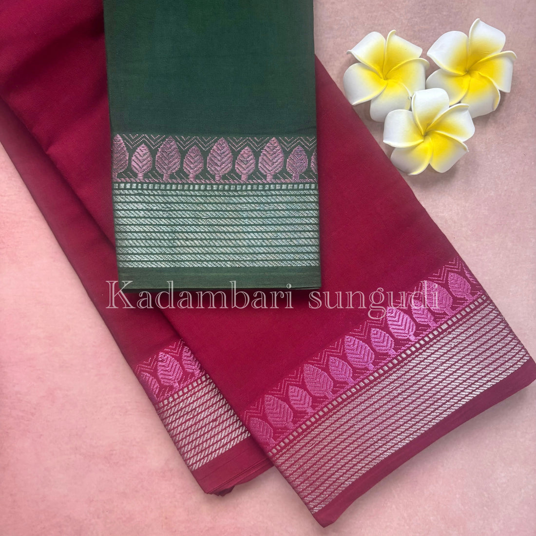 Kadambari Silver & Pink Zari Sungudi Cotton Saree