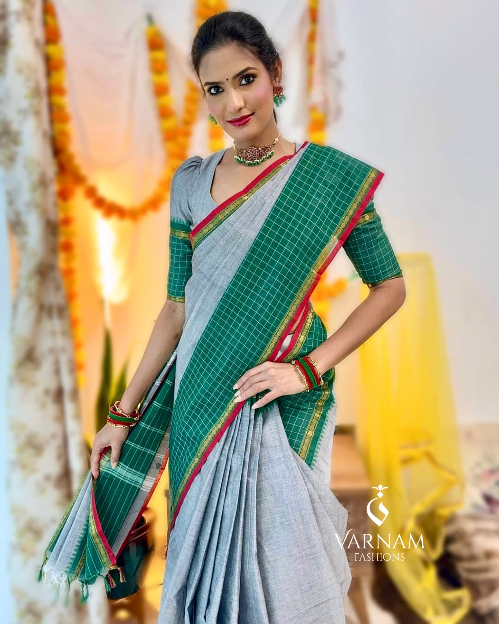 Grey With Green Kanchi Cotton Saree