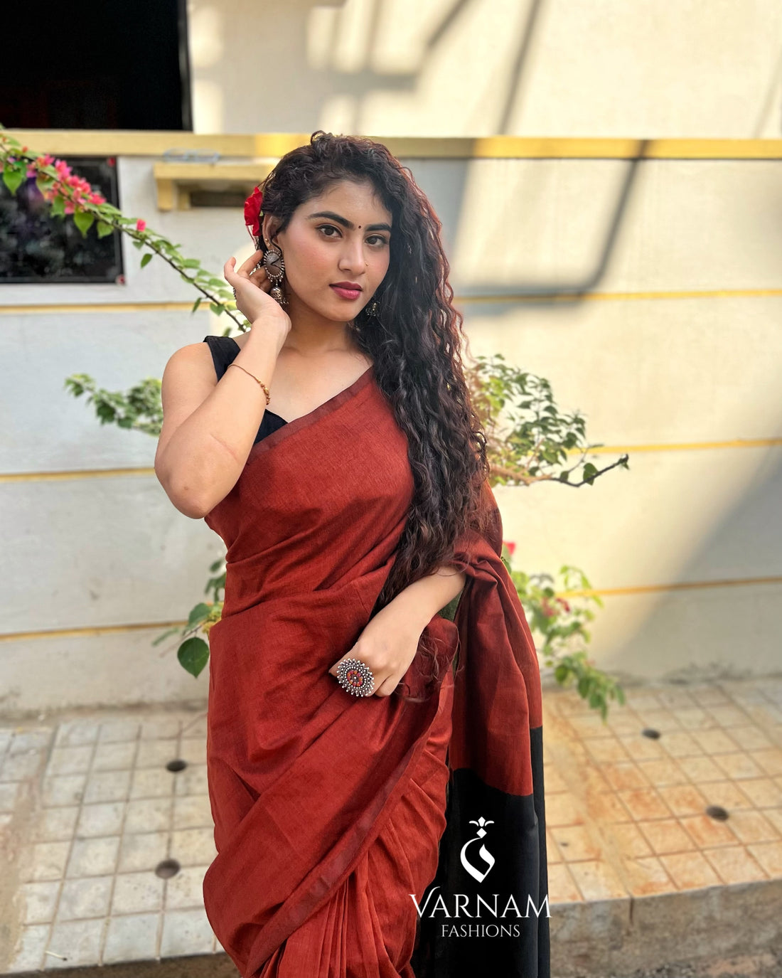 Brick Red With Black Khadi Cotton Saree
