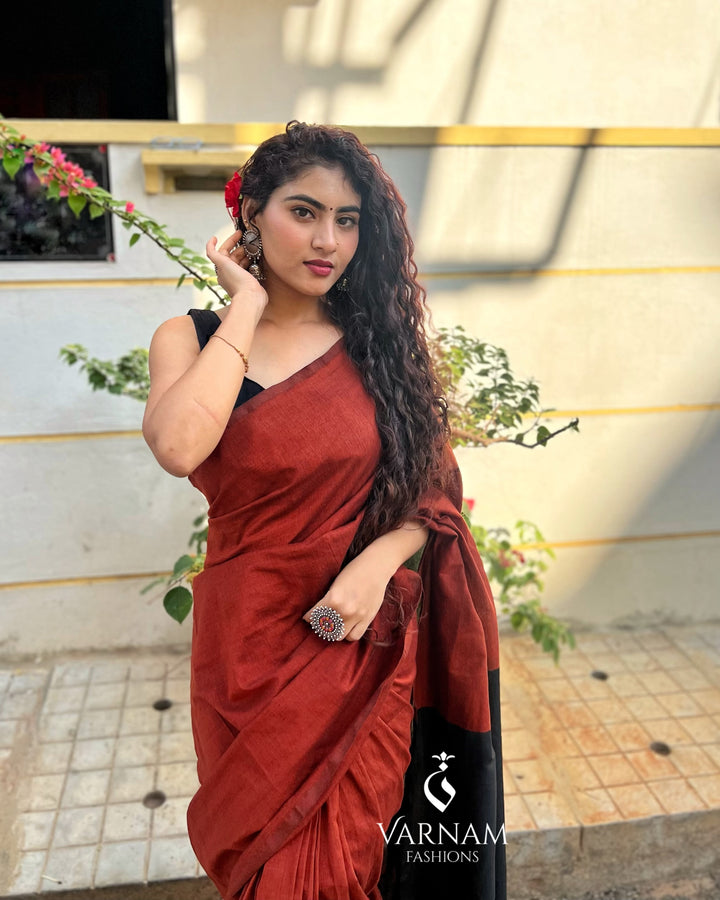 Brick Red With Black Khadi Cotton Saree