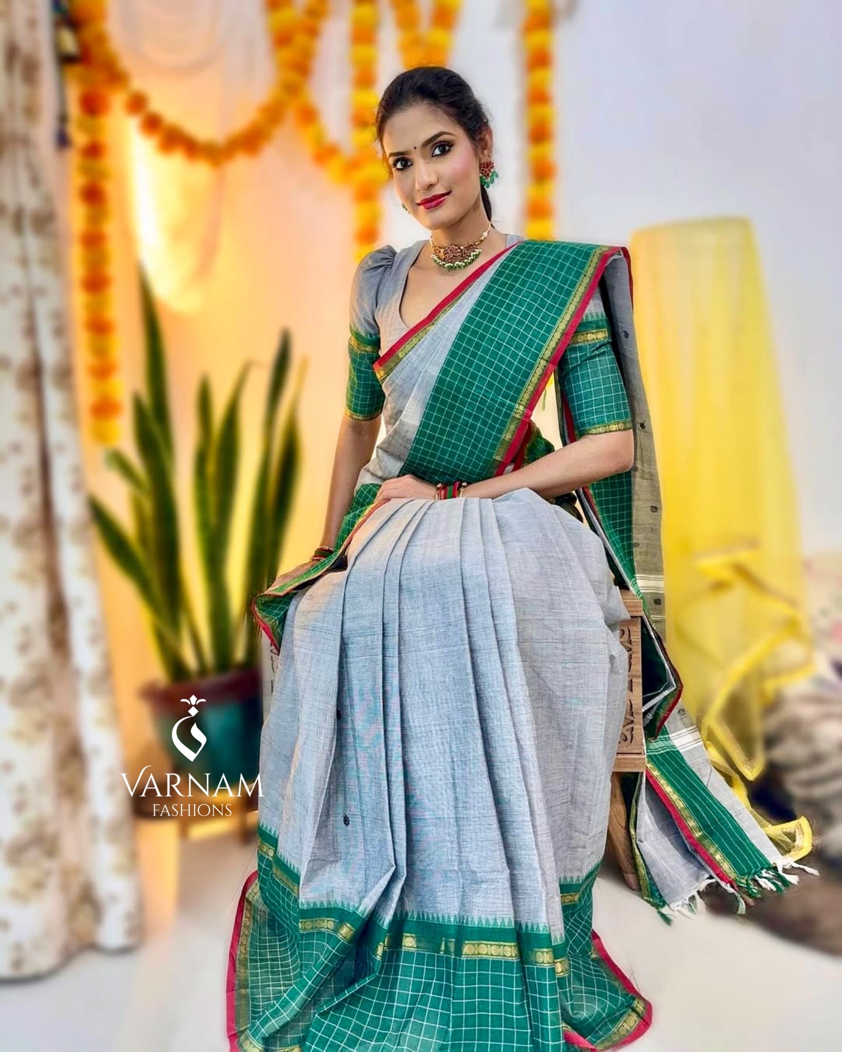 Grey With Green Kanchi Cotton Saree