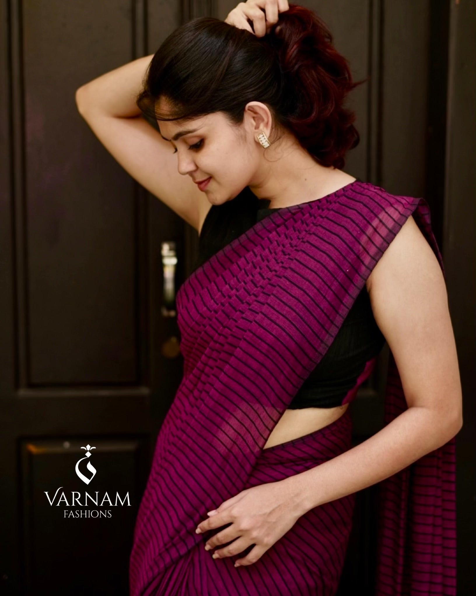 Wine Mul Cotton Stripes Saree