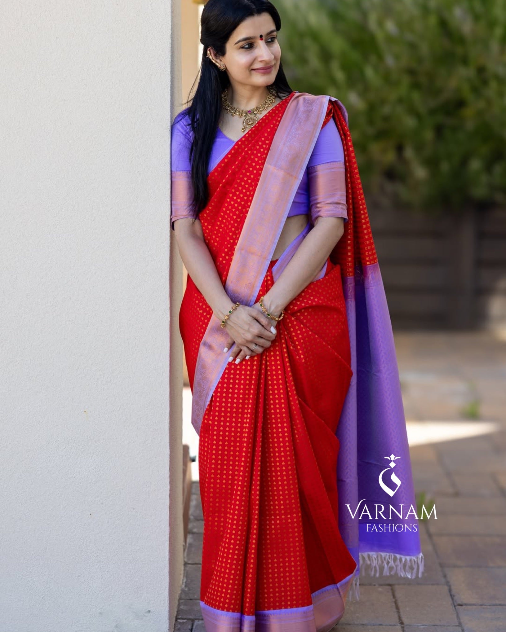 Red With Lavender Premium Semi Kanchi Silk Saree