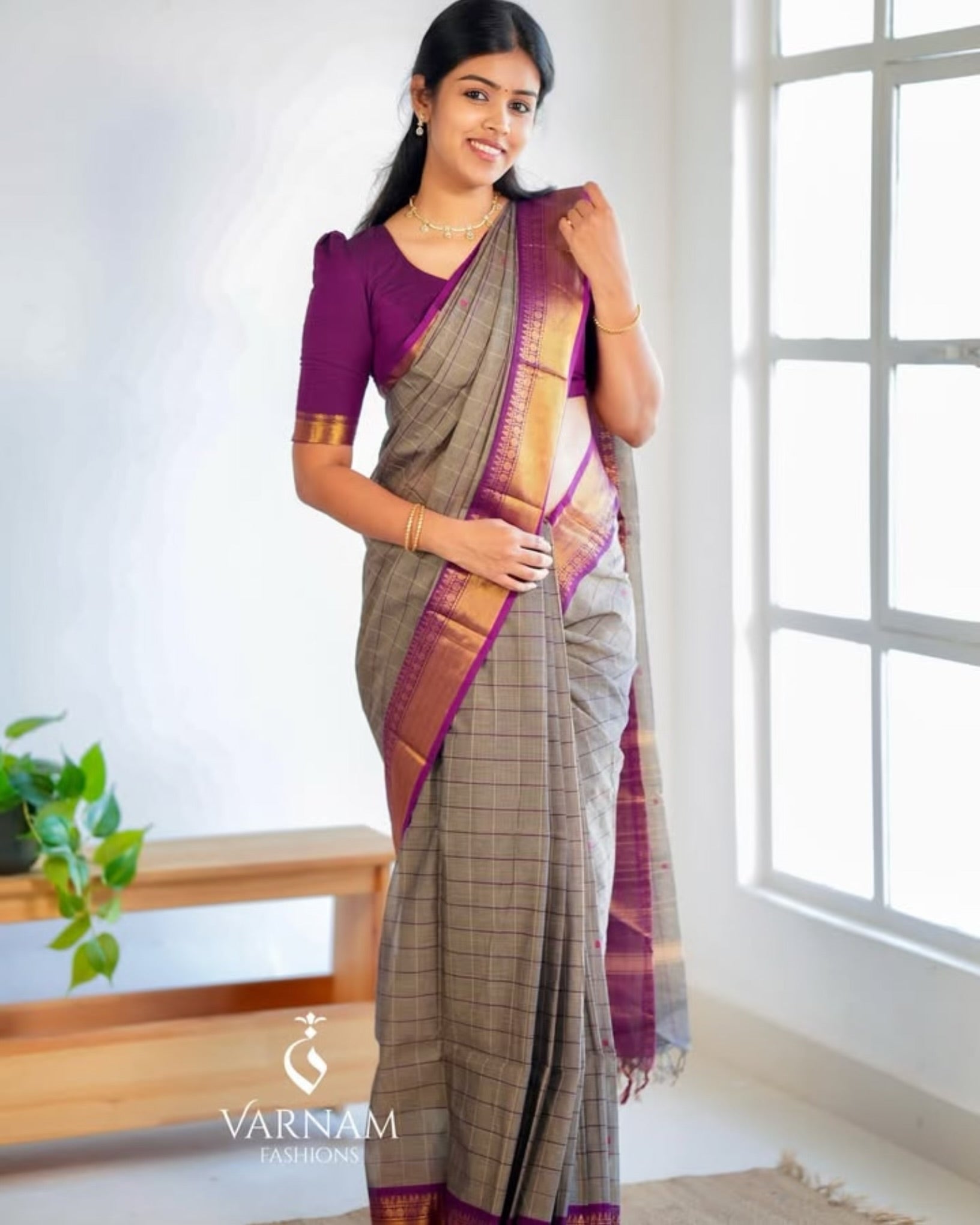 Grey With Magenta Kanchi Cotton Saree