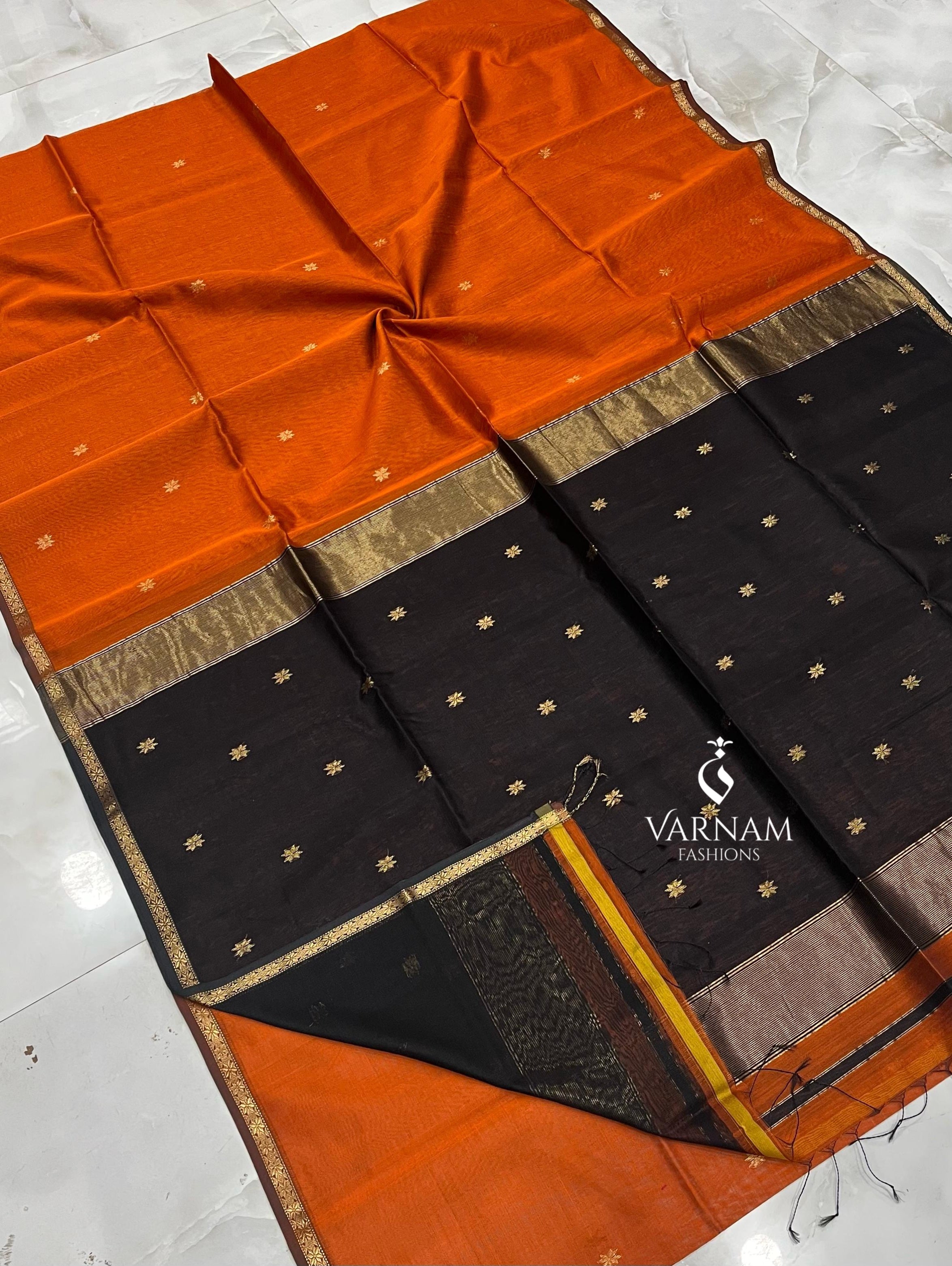 Orange With Black Maheshwari Silk Cotton Saree