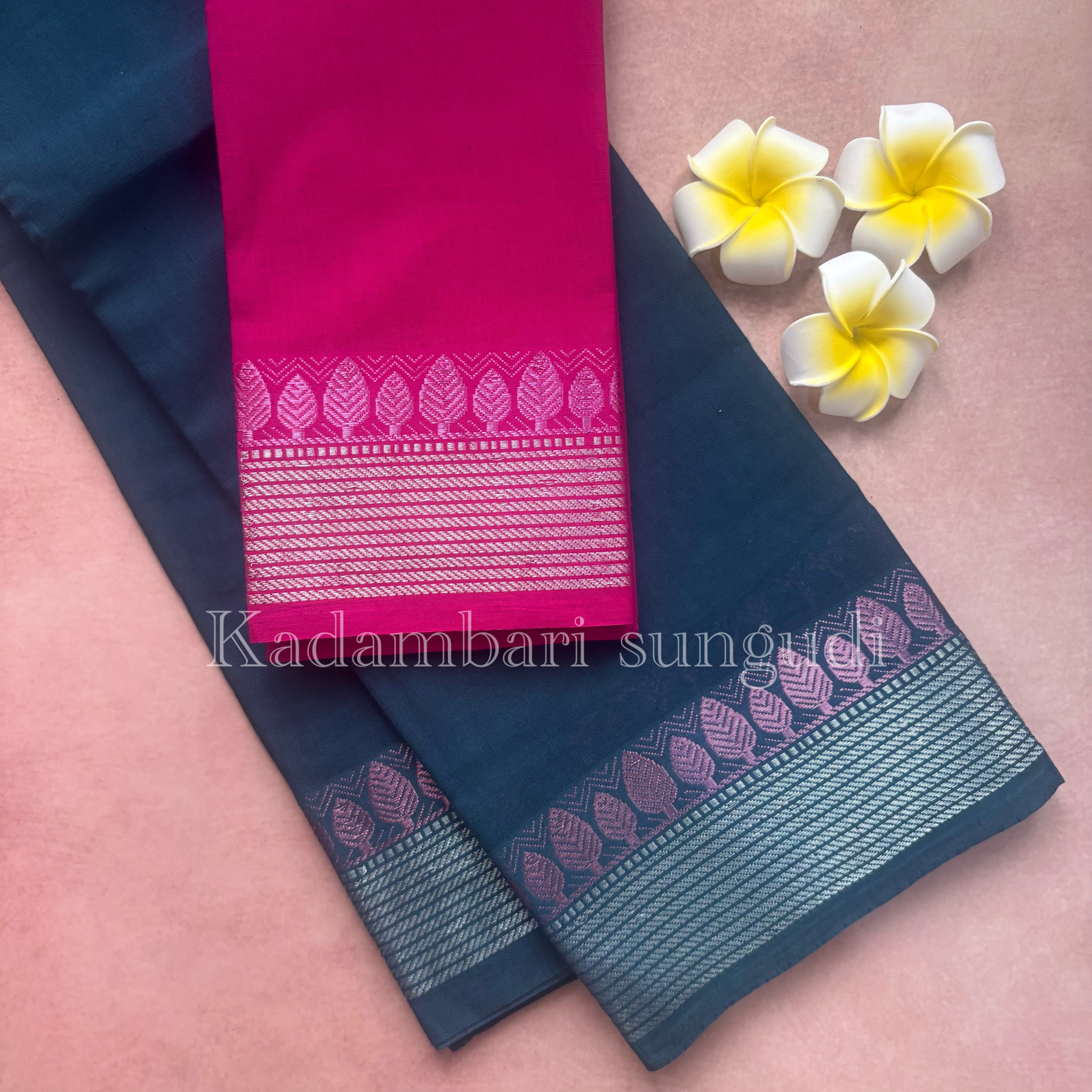 Kadambari Pink & Silver Zari Sungudi Cotton Saree