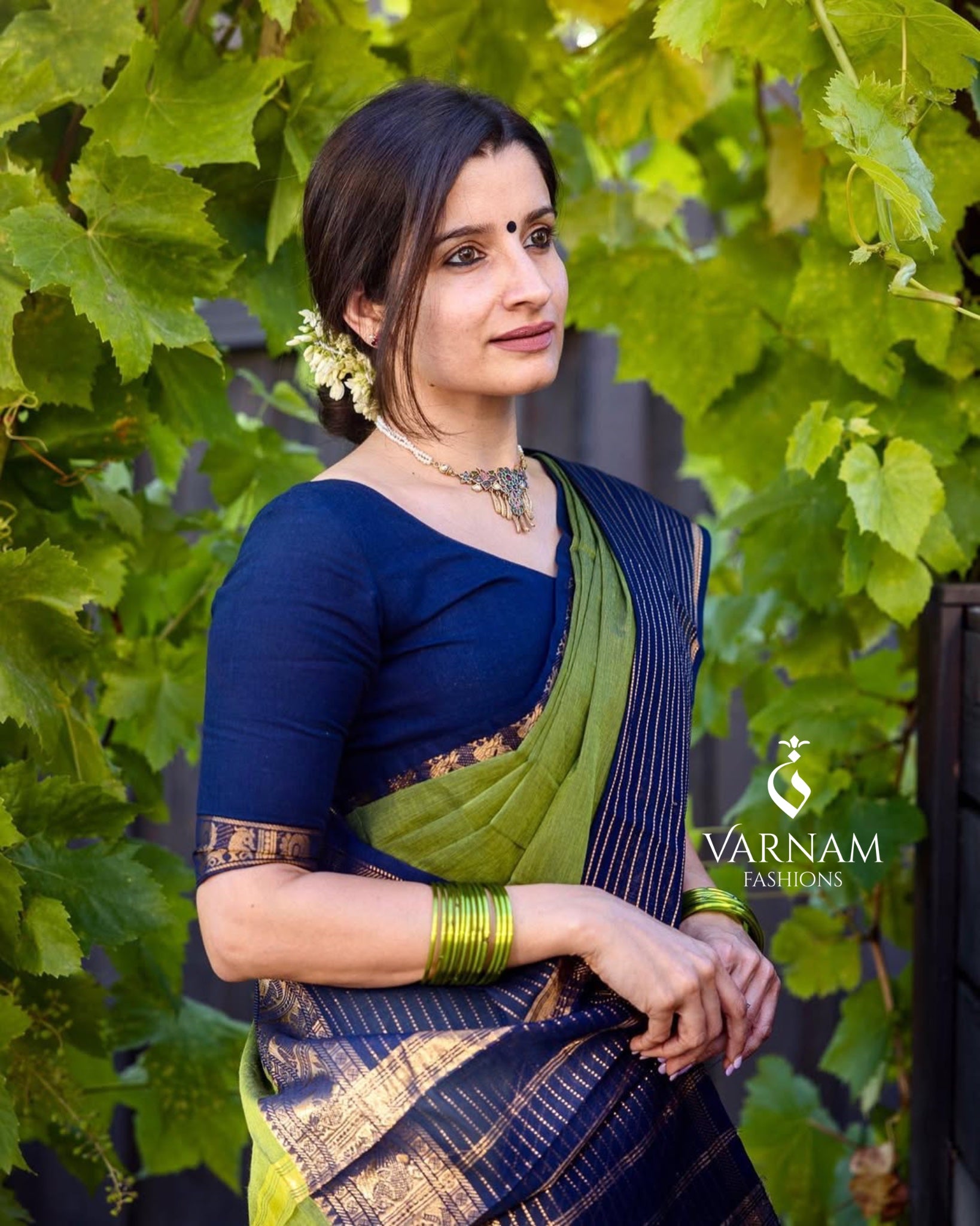 Green With Blue Vairaoosi Border Kanchi Cotton Saree