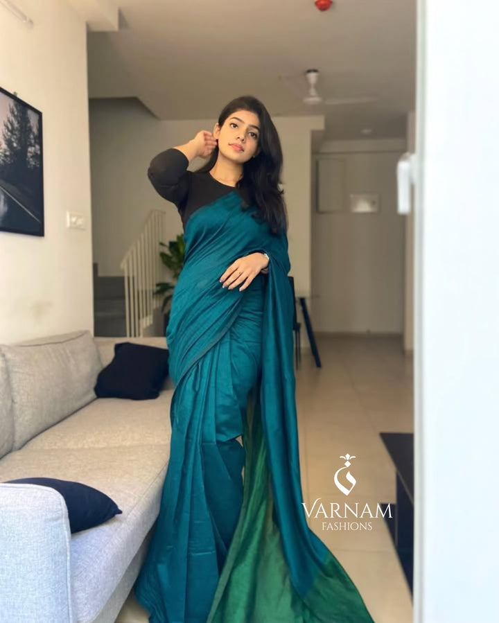 Peacock Blue With Green Khadi Cotton Saree