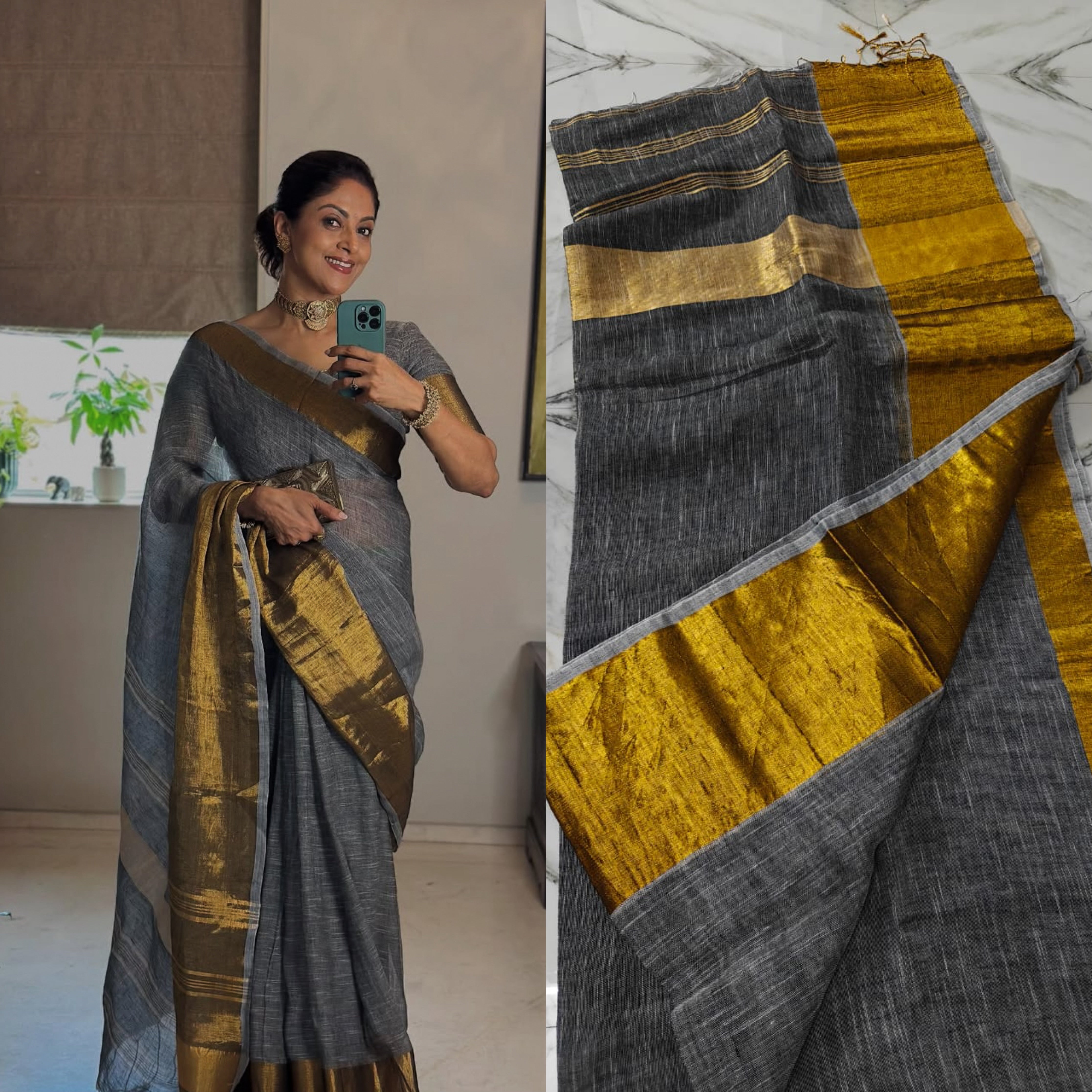Grey Linen Cotton saree