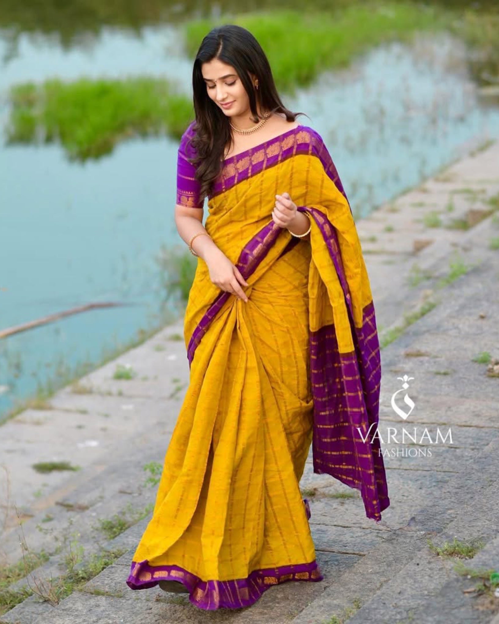 Mustard With Purple Pavithra Kattam Sungudi Cotton Saree