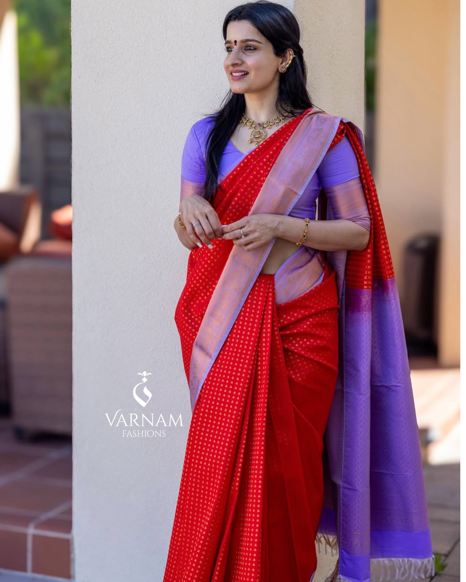 Red With Lavender Premium Semi Kanchi Silk Saree