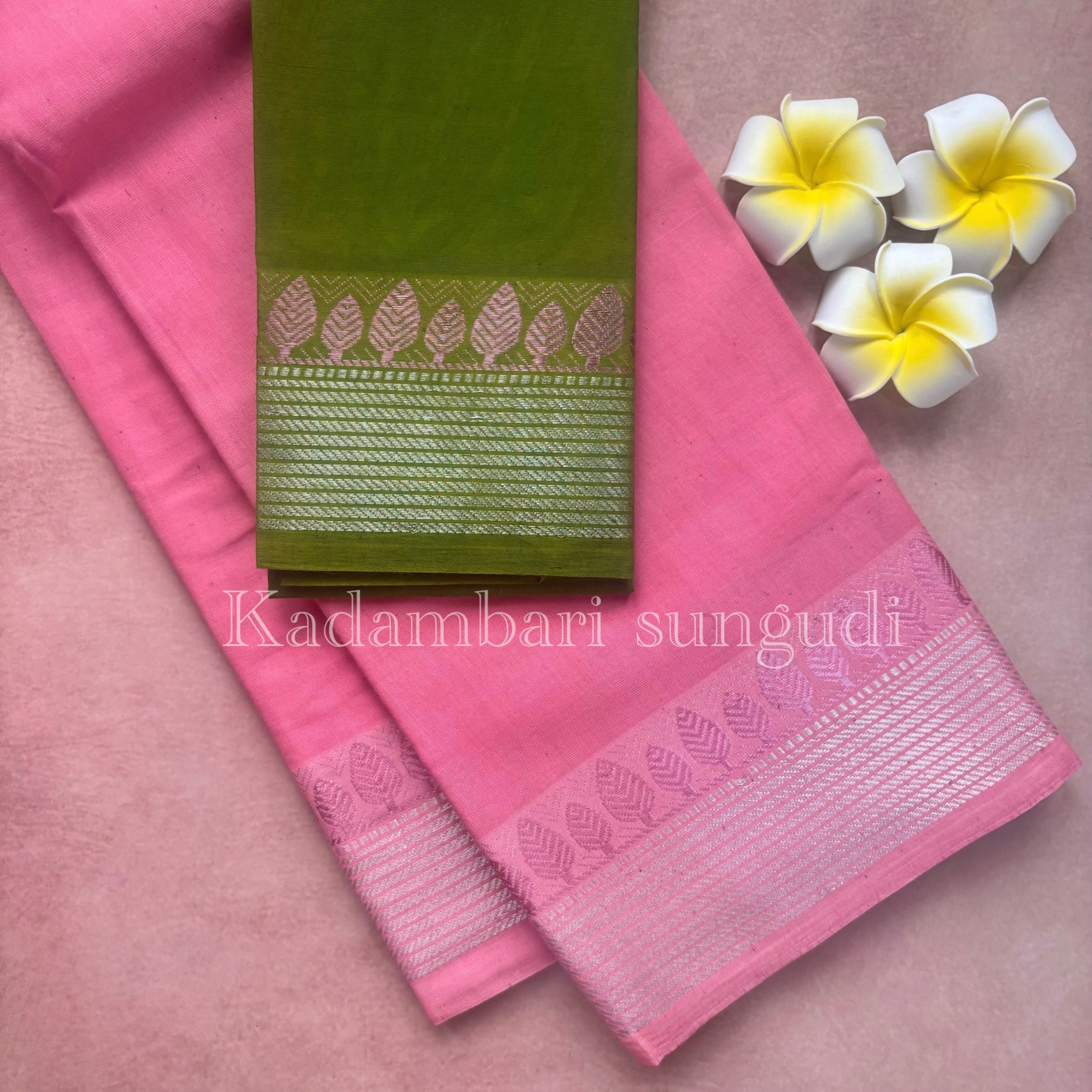 Kadambari Pink & Silver Zari Sungudi Cotton Saree