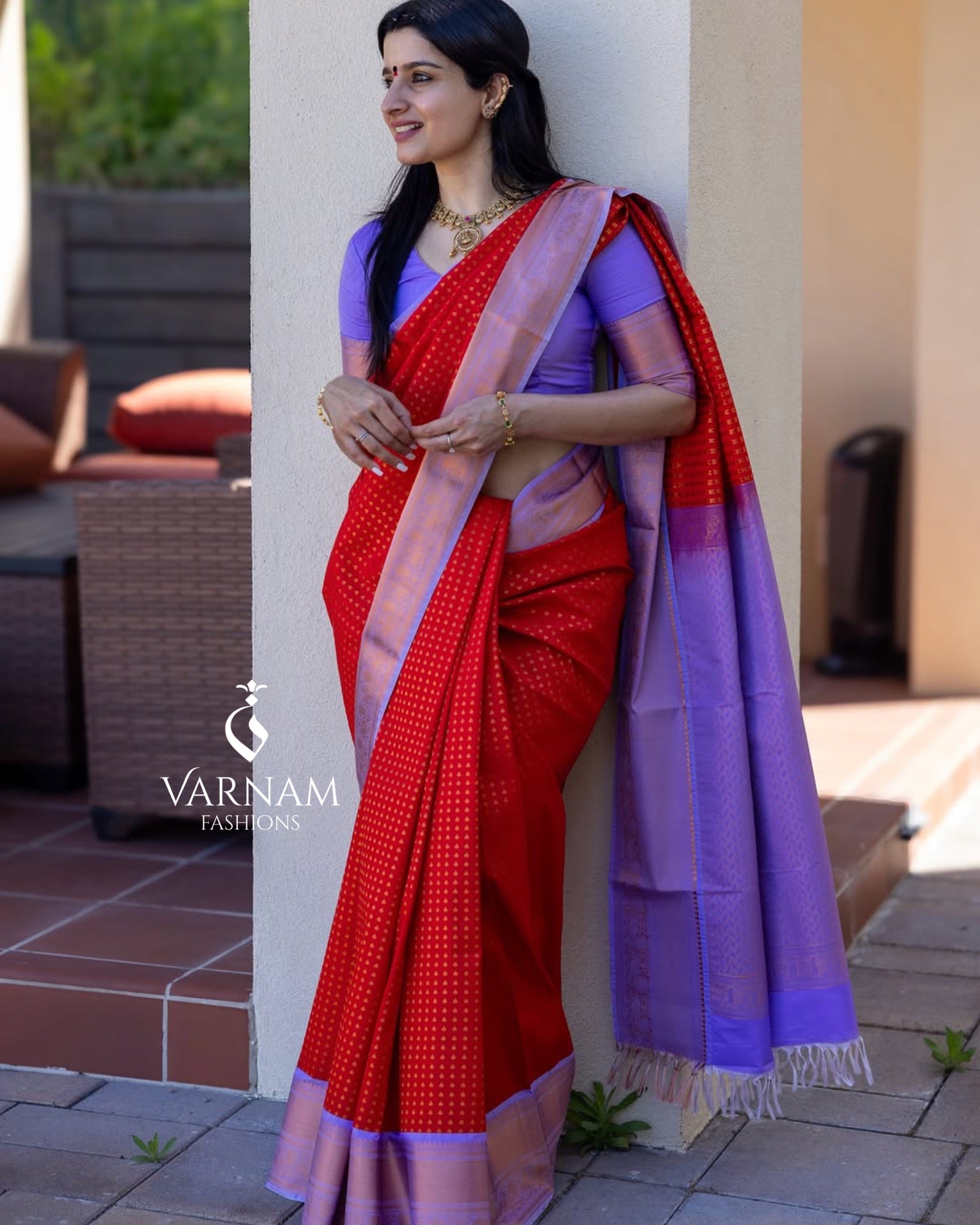Red With Lavender Premium Semi Kanchi Silk Saree