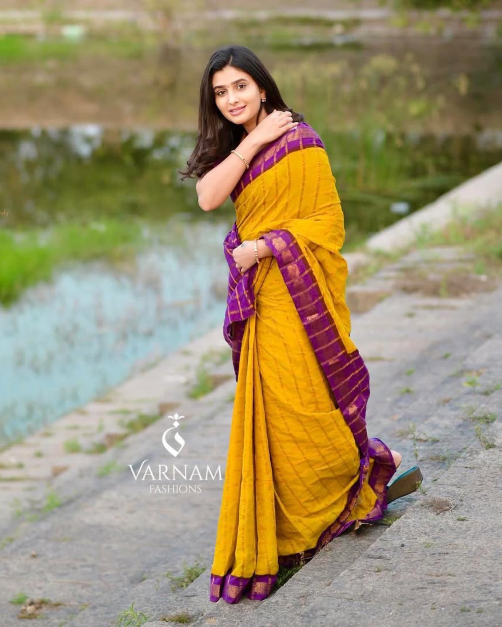 Mustard With Purple Pavithra Kattam Sungudi Cotton Saree