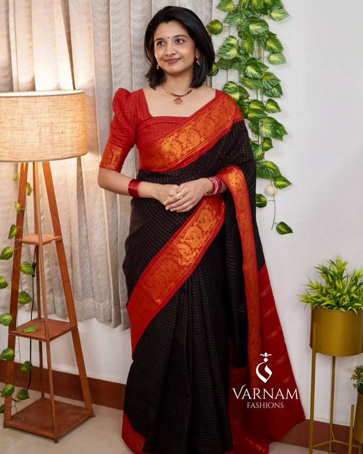 Black With Red Zari Kattam Sungudi Cotton Saree