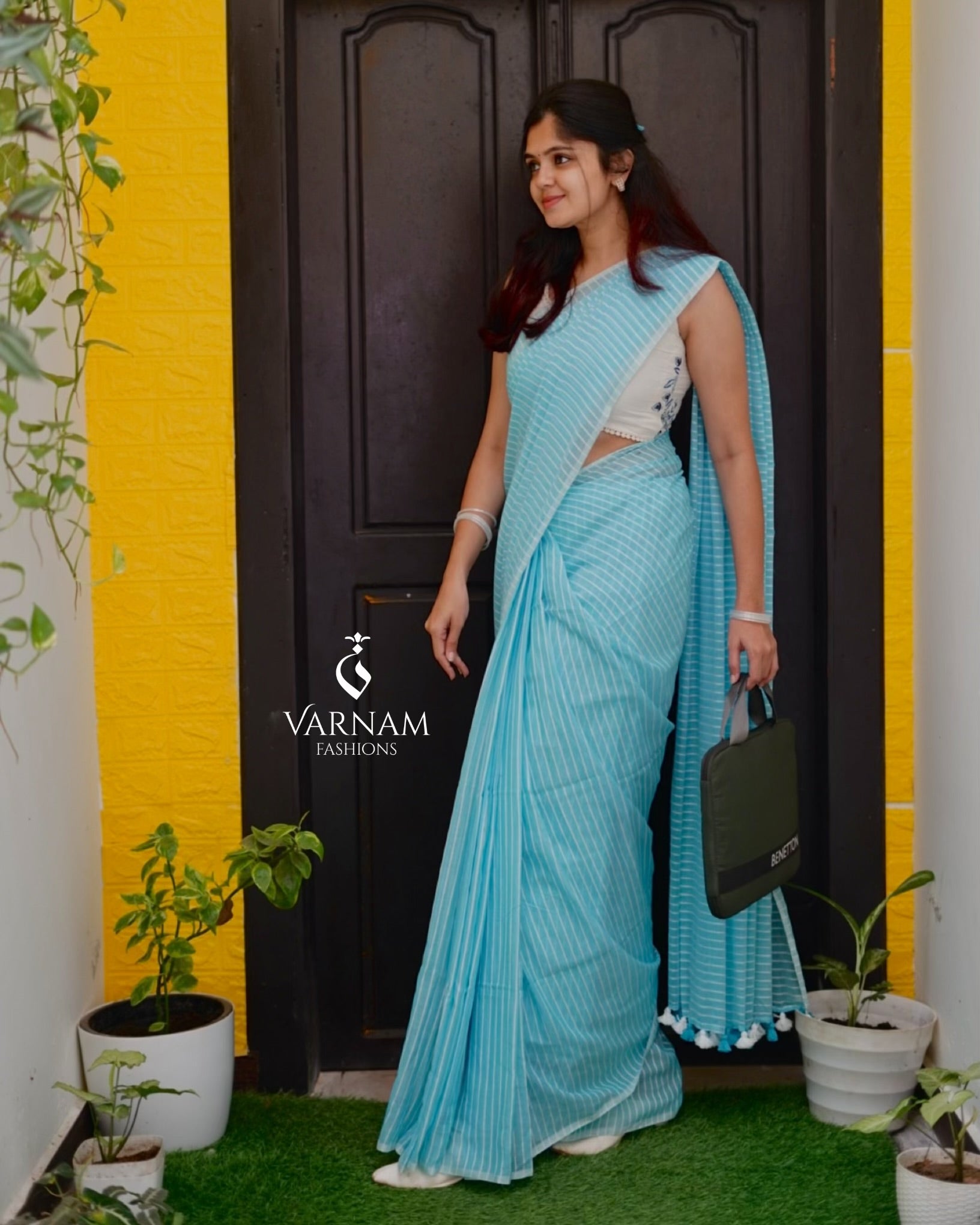 Blue Mul Cotton Stripes Saree