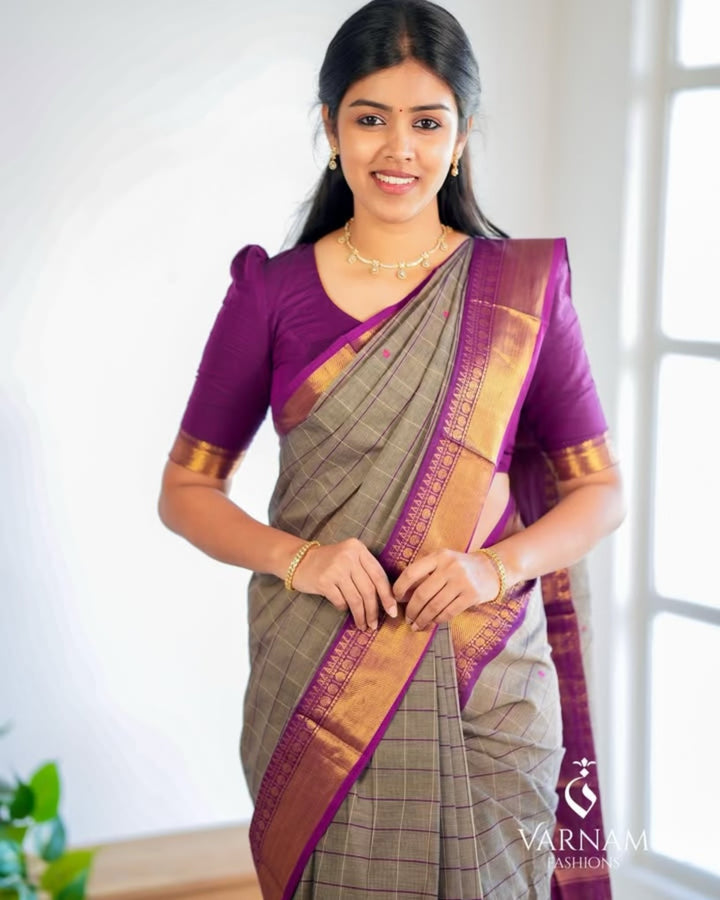 Grey With Magenta Kanchi Cotton Saree