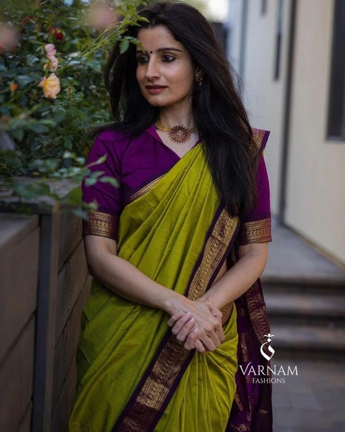 Ishiyer Green With Purple Kalyani Cotton Saree